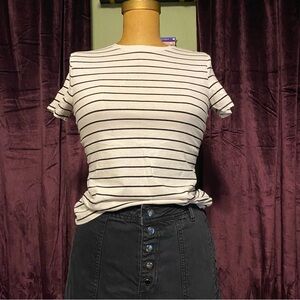 Striped Short-Sleeve Crewneck Top - White with Black Stripes